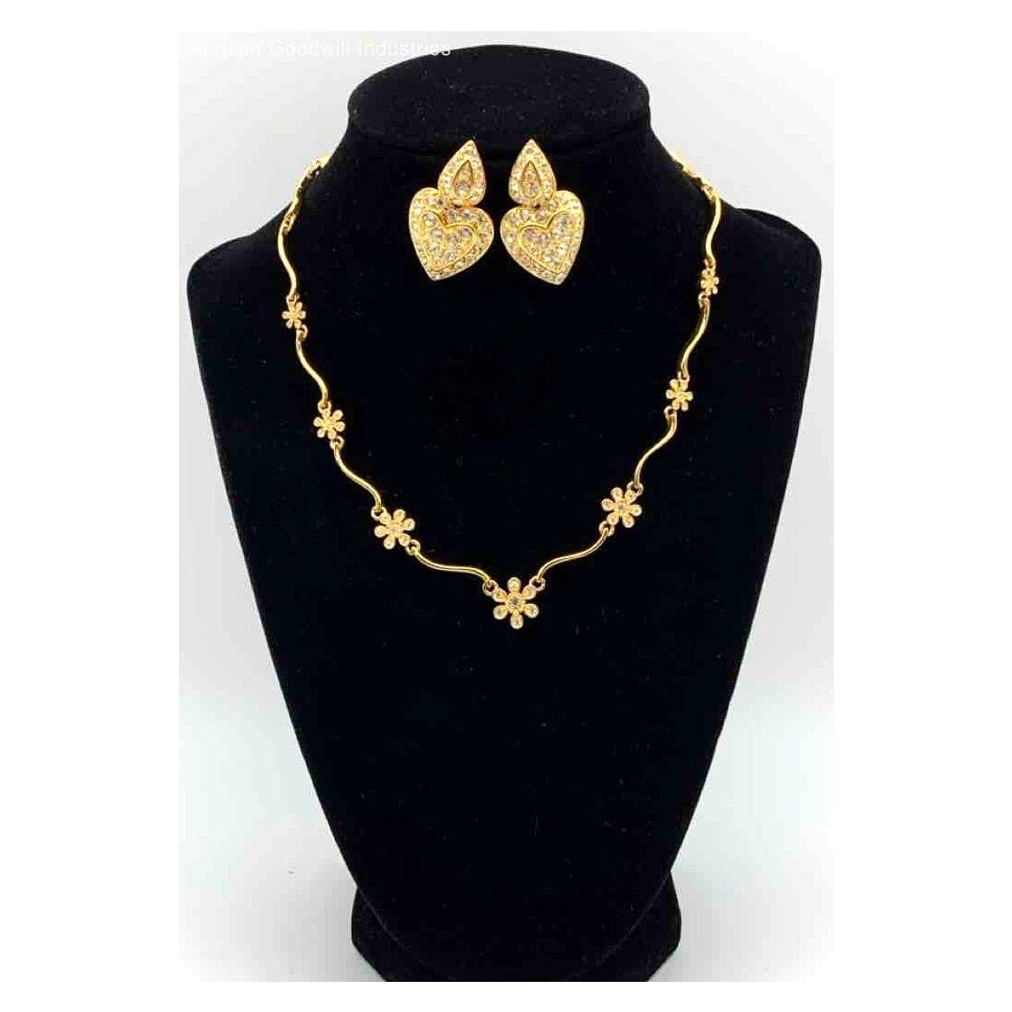 Nolan Miller Gold Crystal Embellished Floral Necklace Heart Earrings Set
